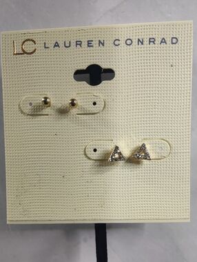 LC Lauren Conrad Gold Stud Earrings Set CZ Triangle Ball Minimalist NWT